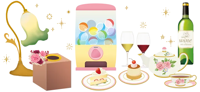 ワイン、紅茶、ケーキ、アンティーク調のテーブルランプ、くじ引きBOX、ガチャポンのイラスト