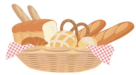 かごに盛られた様々な種類の美味しそうなパンのイラスト